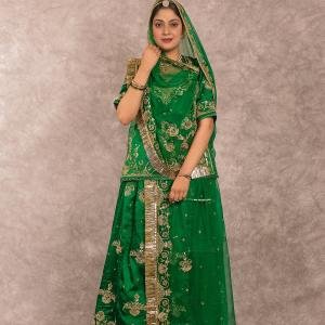 Emerald Green Salma Work Poshak | Aari & Sequins Work on Bamber Satin | Jaipurio Designer Collection